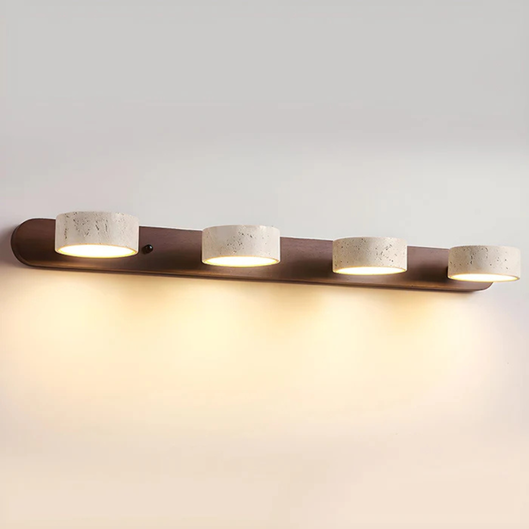 Havencrest Travertine Wall Light Featuring Warm Wood Elements Ambient Glow
