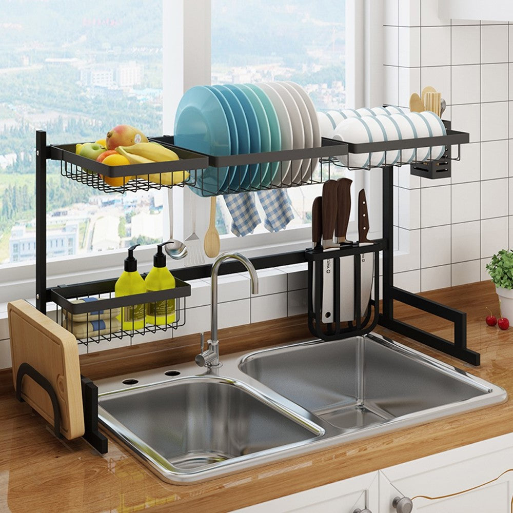 34.6" Stainless Steel Black Dish Drying Rack Over Kitchen Sink, Dishes and Utensils Draining Shelf | Filindra