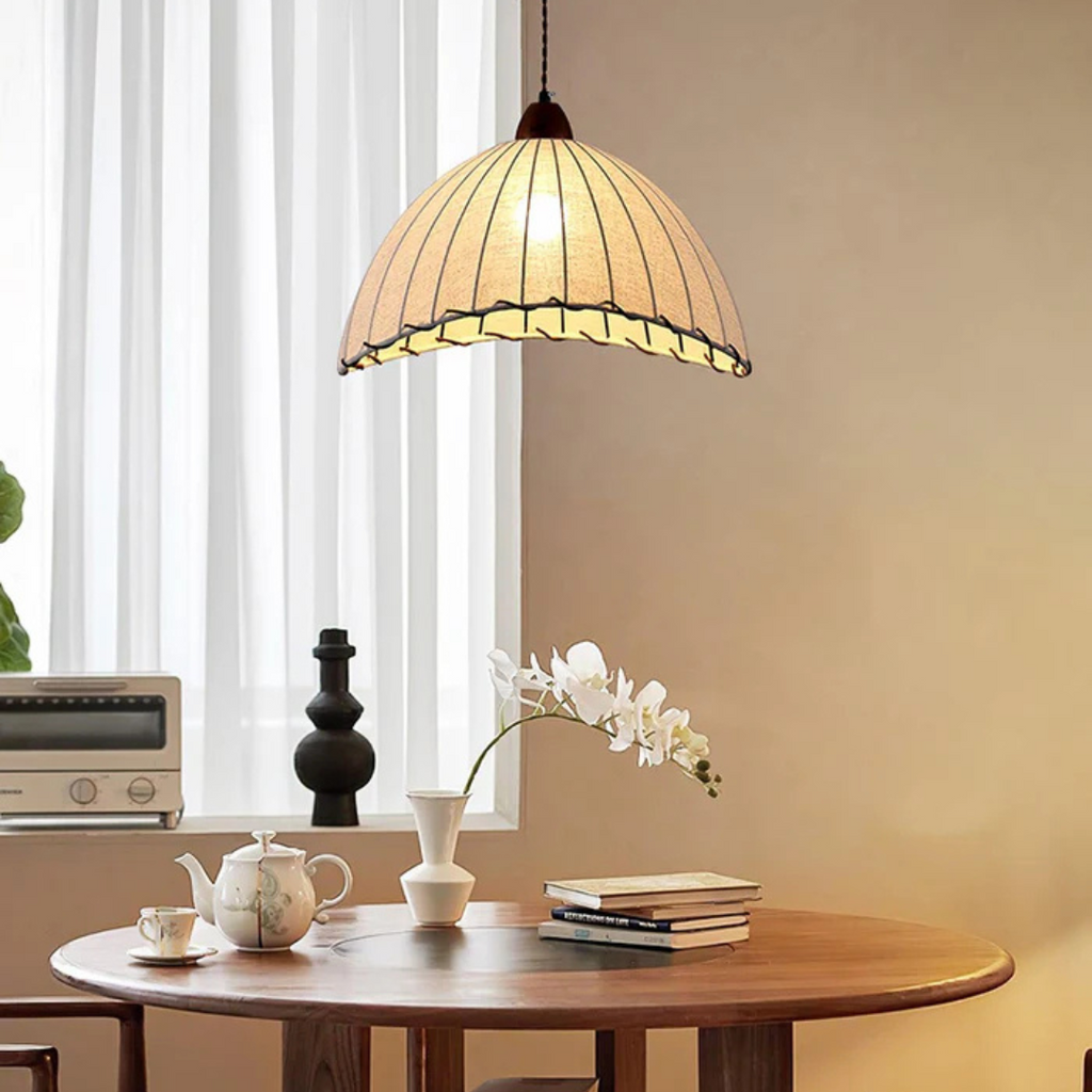 Ardent Wooden Pendant Lamp Featuring Fabric Shade For Dining Area