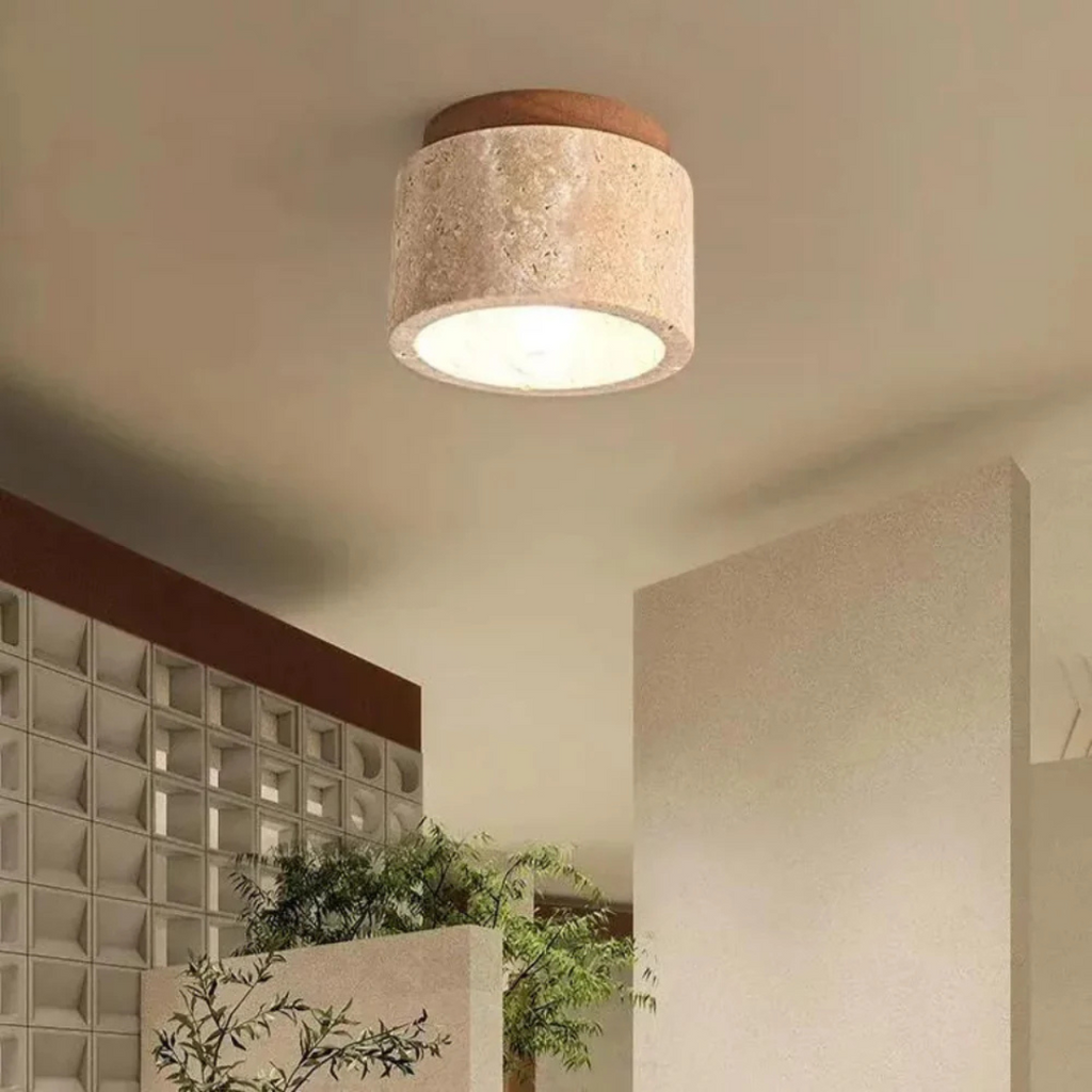 Travertine Cylinder Ceiling Light — Wood Accent, E27, 12cm