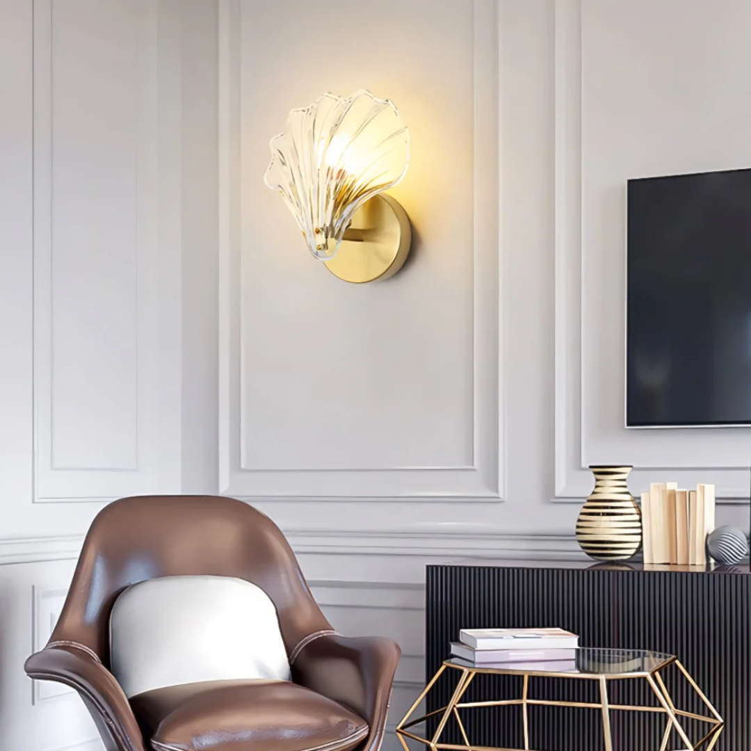 Sylvara Brass Finish Glass Shell Wall Light For Bedrooms And Living Rooms