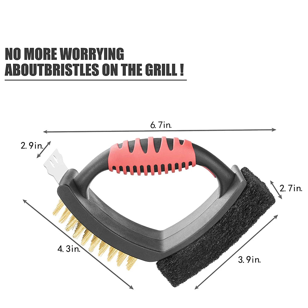 3 in 1 Grill Brush with Brass Bristles and Scraper | Filindra