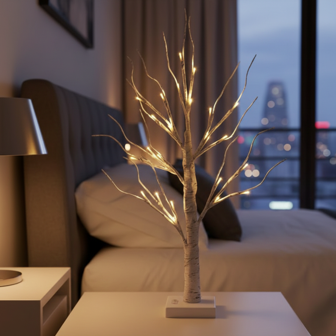 LED dekorace z březových větví - sochařský tvar, jemné přirozené světlo