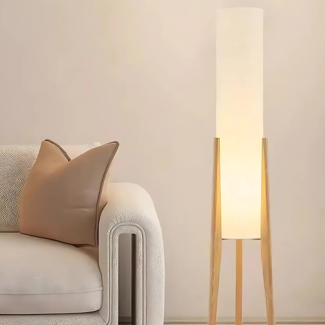 AuroraLume Fabric Shade Floor Lamp With Natural Wood For Living Room