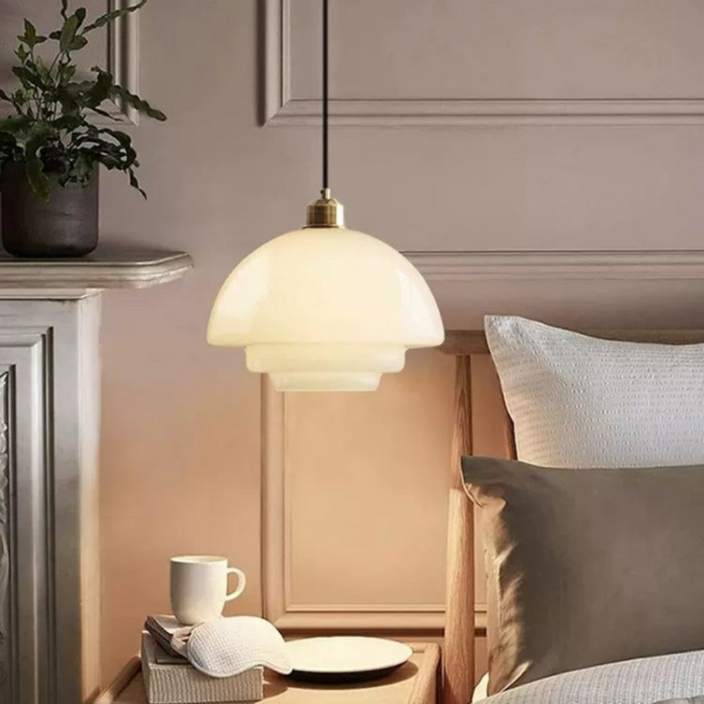 Art Deco Gold Finish Ceiling Lamp — Brass Frame, Glass Diffuser, Vintage Design