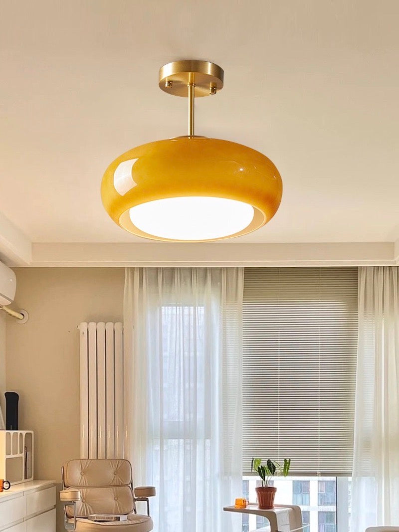 Bauhaus Circular Ceiling Light — Glass Disk Shade, Brass or Chrome Finish, Orange-Yellow or White Glass