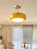 Bauhaus Circular Ceiling Light — Glass Disk Shade, Brass or Chrome Finish, Orange-Yellow or White Glass
