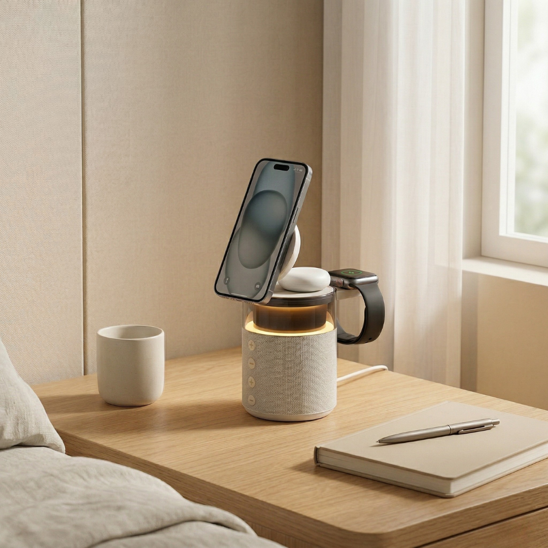 マグネット式ワイヤレス充電ステーション - iPhone、iWatch＆AirPodsハブ、スピーカーとLEDランプ一体型