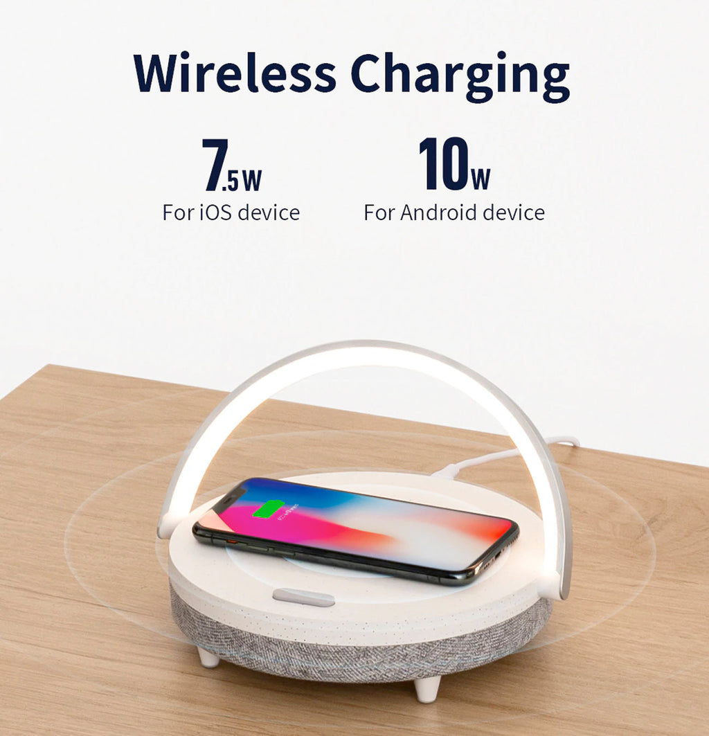 4-in-1 Bedside Lamp — Dimmable Light, Wireless Charging & Speaker