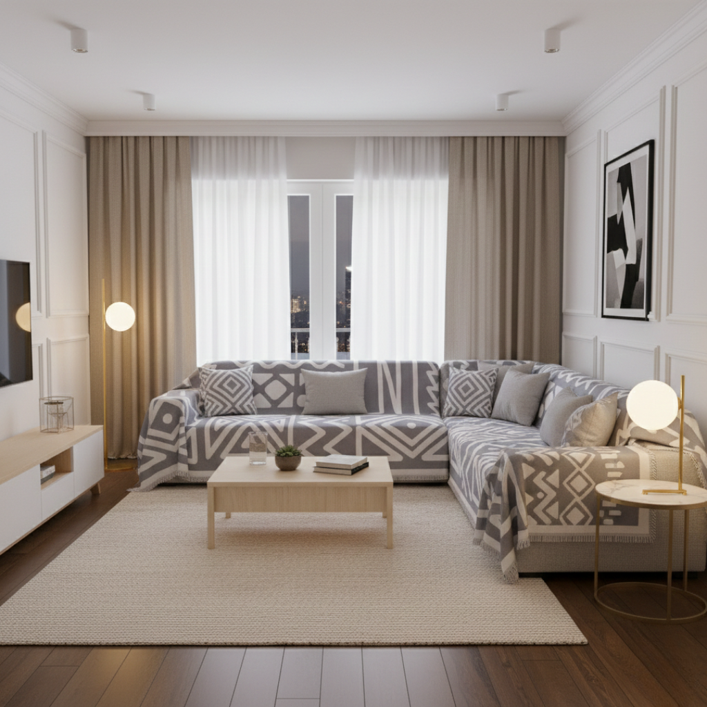 Protiskluzový pratelný potah na pohovku — geometrický boho design