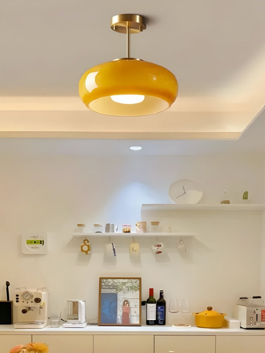 Bauhaus Circular Ceiling Light — Glass Disk Shade, Brass or Chrome Finish, Orange-Yellow or White Glass
