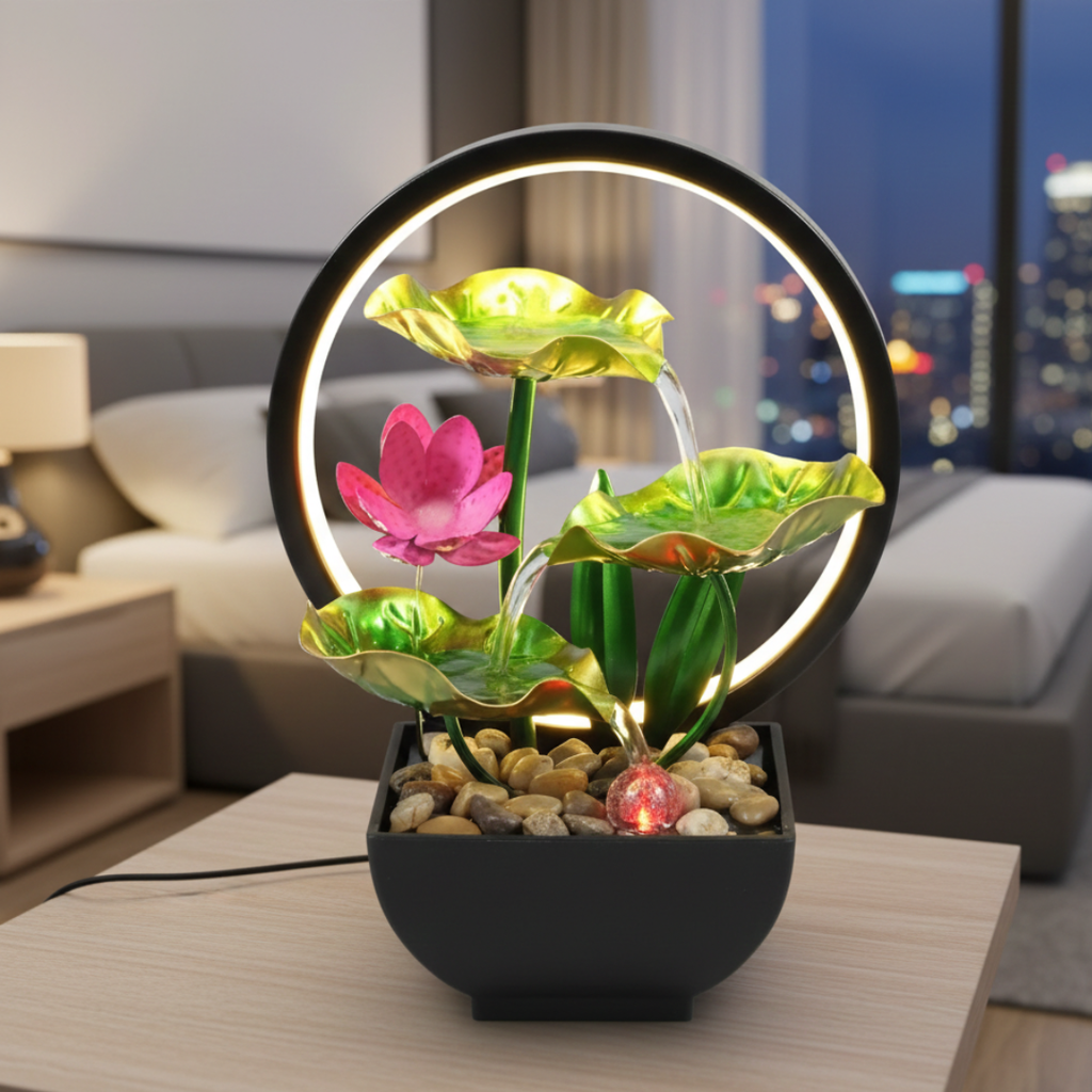 USB-Powered LED Tabletop Water Fountain — Quiet Flow, Warm Lighting, 29x13x12cm