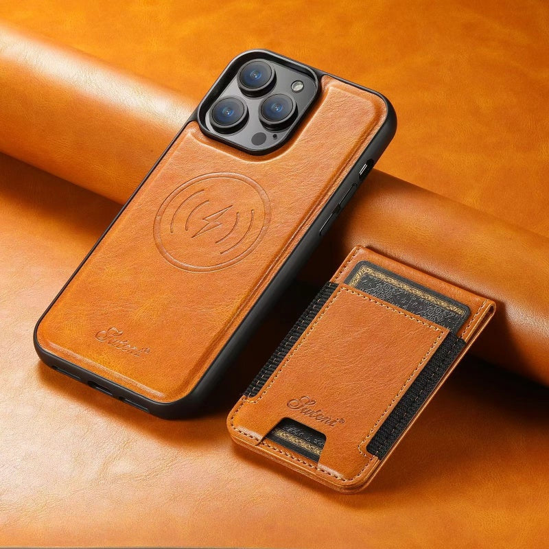 Capa de pele para iPhone com porta-cartões — Compatível com MagSafe, carregamento sem fios