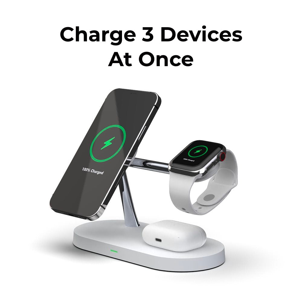 QuattroCharge 4-i-1 trådlös MagSafe-laddare — laddningsstation för iPhone, Apple Watch och hörlurar