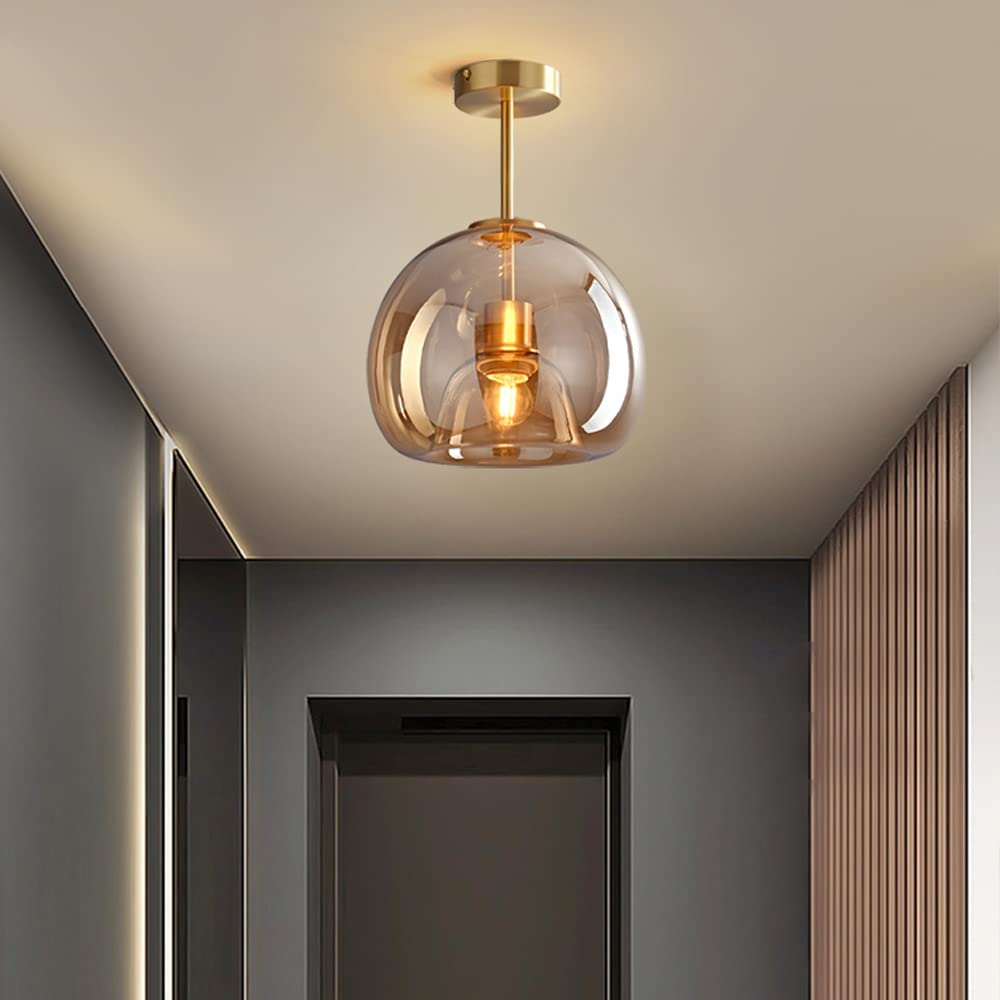 Loftlampe i kobber og glas — klassisk stil, halvt planmonteret