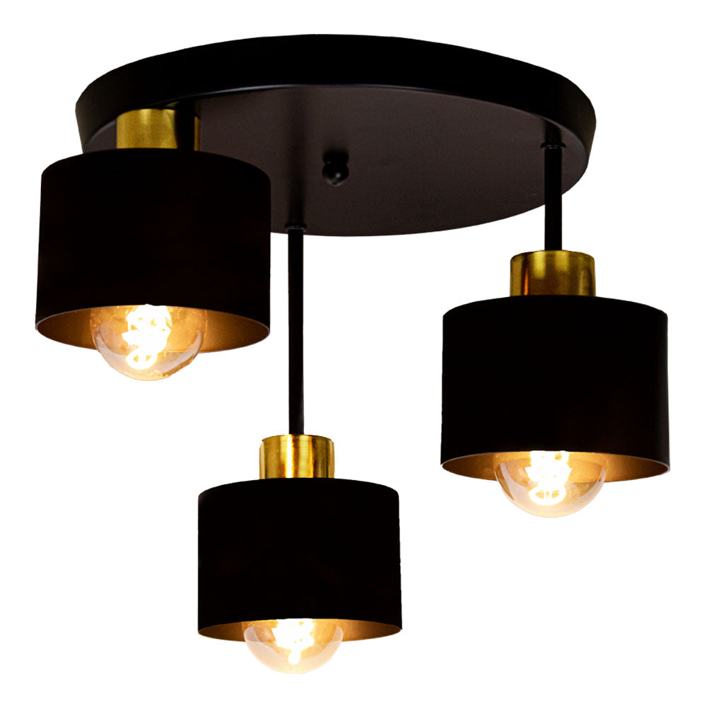 Black and Gold Three Light Ceiling Lamp — E27 Sockets