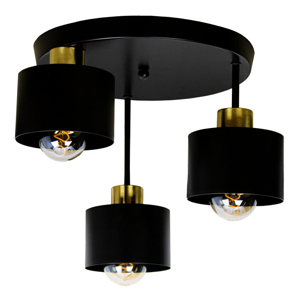 Black and Gold Three Light Ceiling Lamp — E27 Sockets