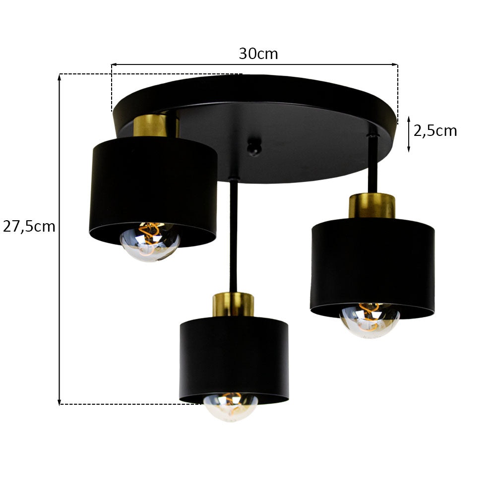 Black and Gold Three Light Ceiling Lamp — E27 Sockets