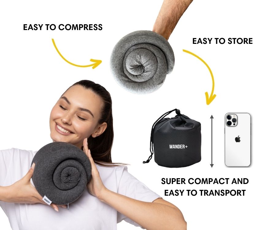 Almofada de viagem para o pescoço em espuma viscoelástica — Ajuste ergonómico e formato compacto para transportar