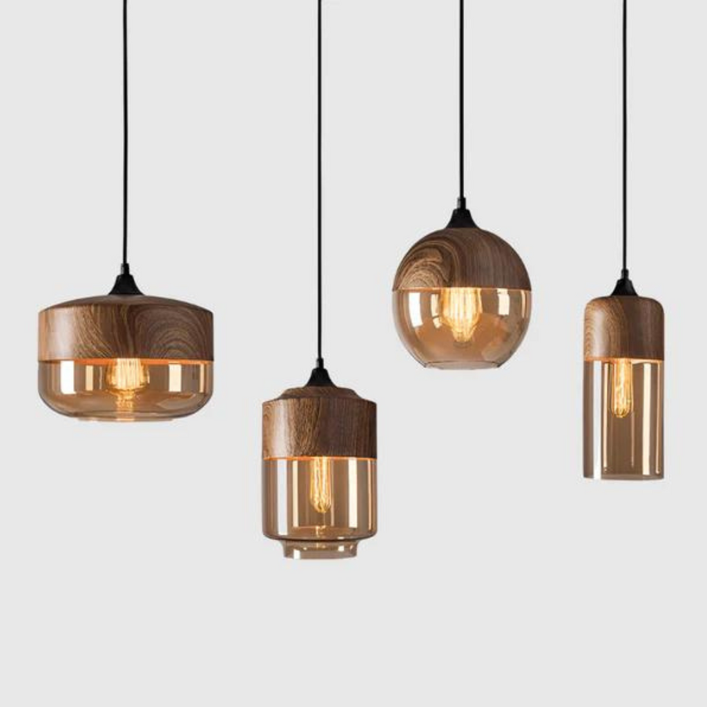 Harlow Light Pendant With Tint Glass And Nordic Wood In Minimal Scandinavian Style