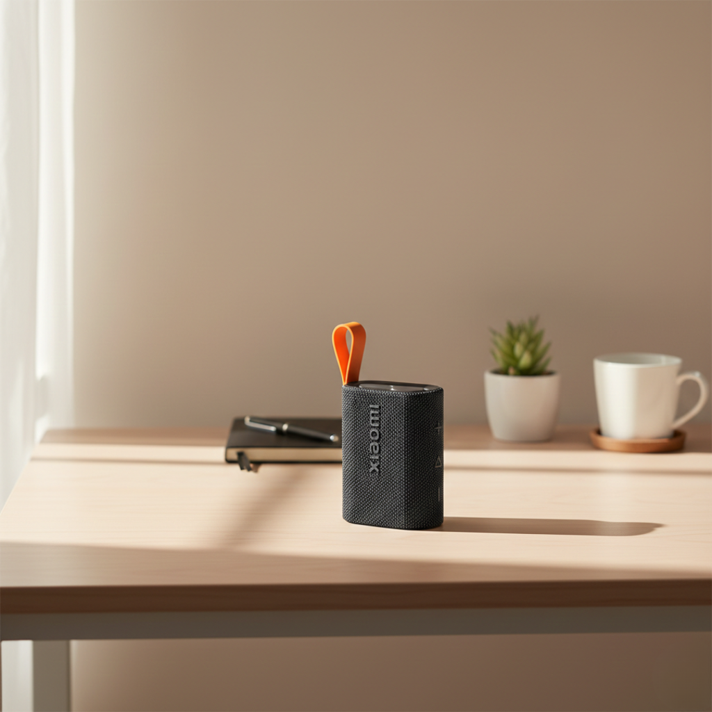 Altavoz Bluetooth Xiaomi Sound Pocket — Clasificación IP67, carcasa del tamaño de la palma de la mano, acabado negro mate y detalles naranjas