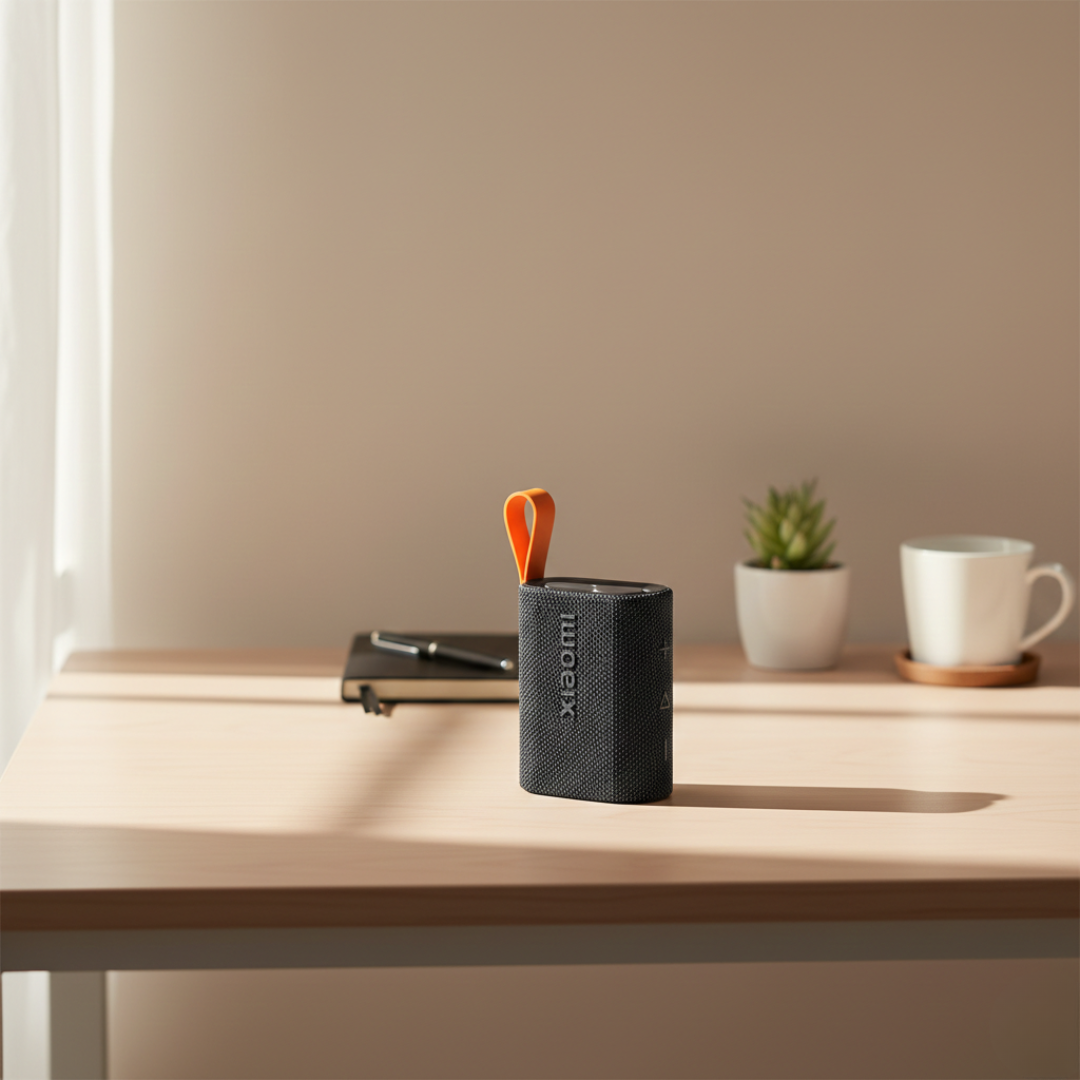 Altavoz Bluetooth Xiaomi Sound Pocket — Clasificación IP67, carcasa del tamaño de la palma de la mano, acabado negro mate y detalles naranjas