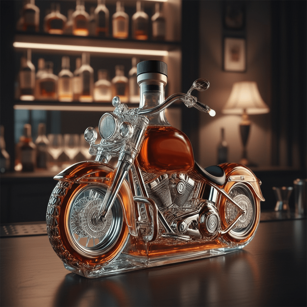 Vツインバイク型ウイスキーデキャンタ ― エンジンをイメージした厚手ガラスボトル
