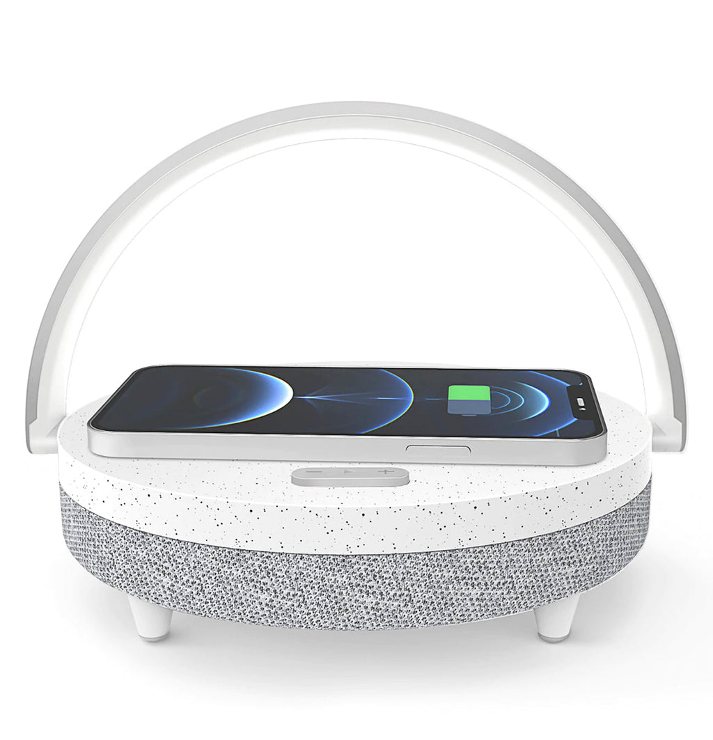 4-in-1 Bedside Lamp — Dimmable Light, Wireless Charging & Speaker