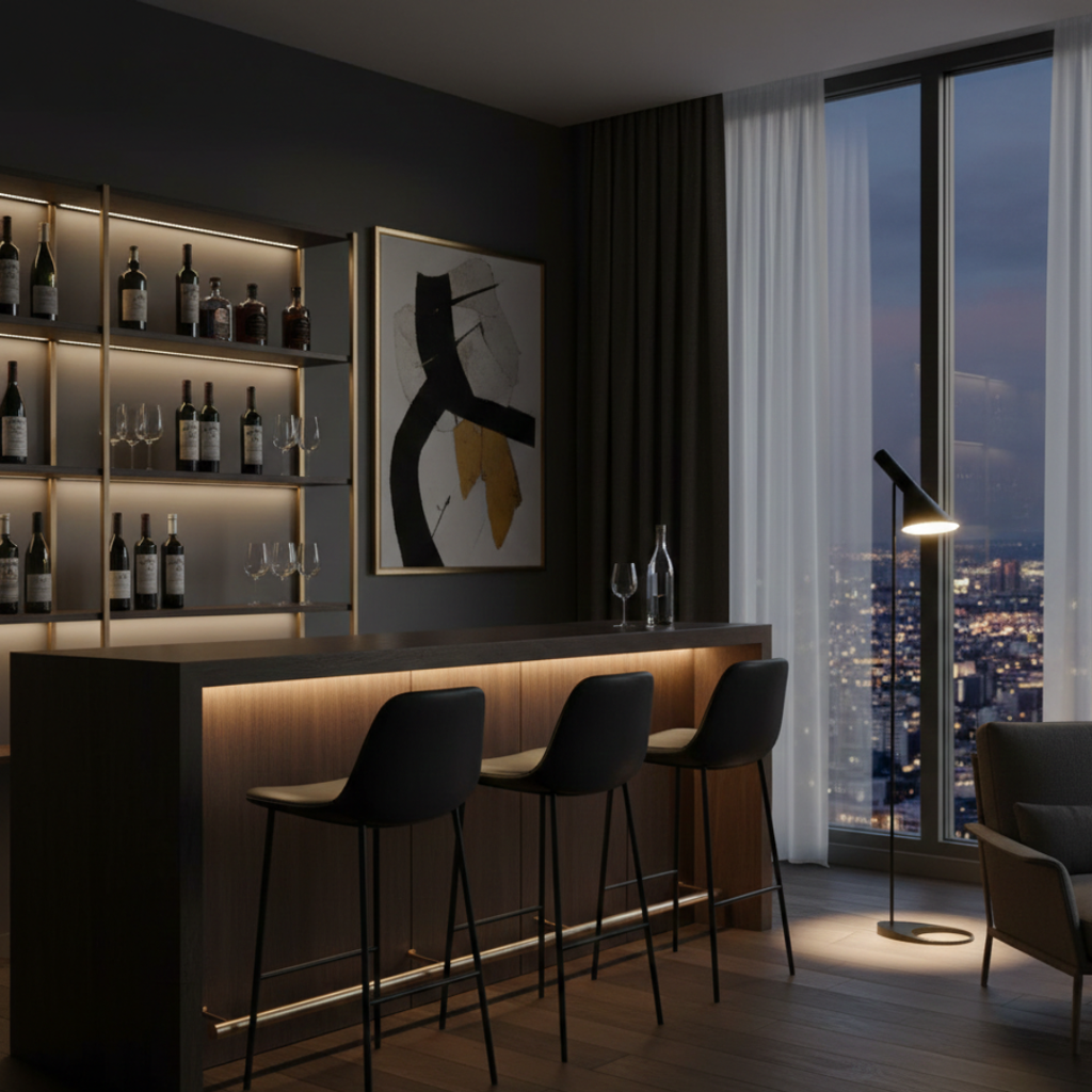 Minimalistická stojací LED lampa v severském stylu — čistý geometrický profil, rovnoměrné rozptýlené světlo
