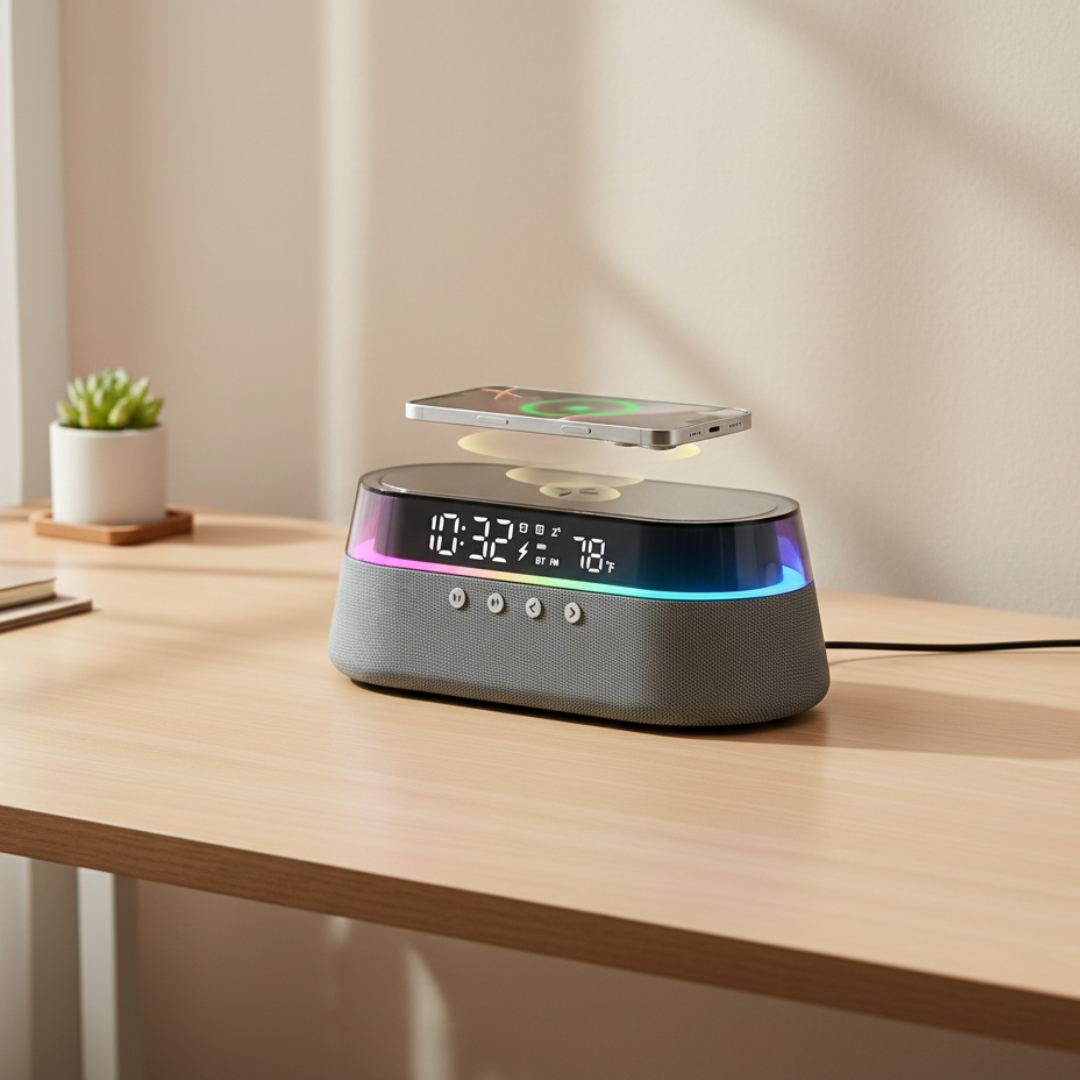 Smart Alarm Clock & Bluetooth Speaker — Multifunction Bedside Hub, Space-Saving Design