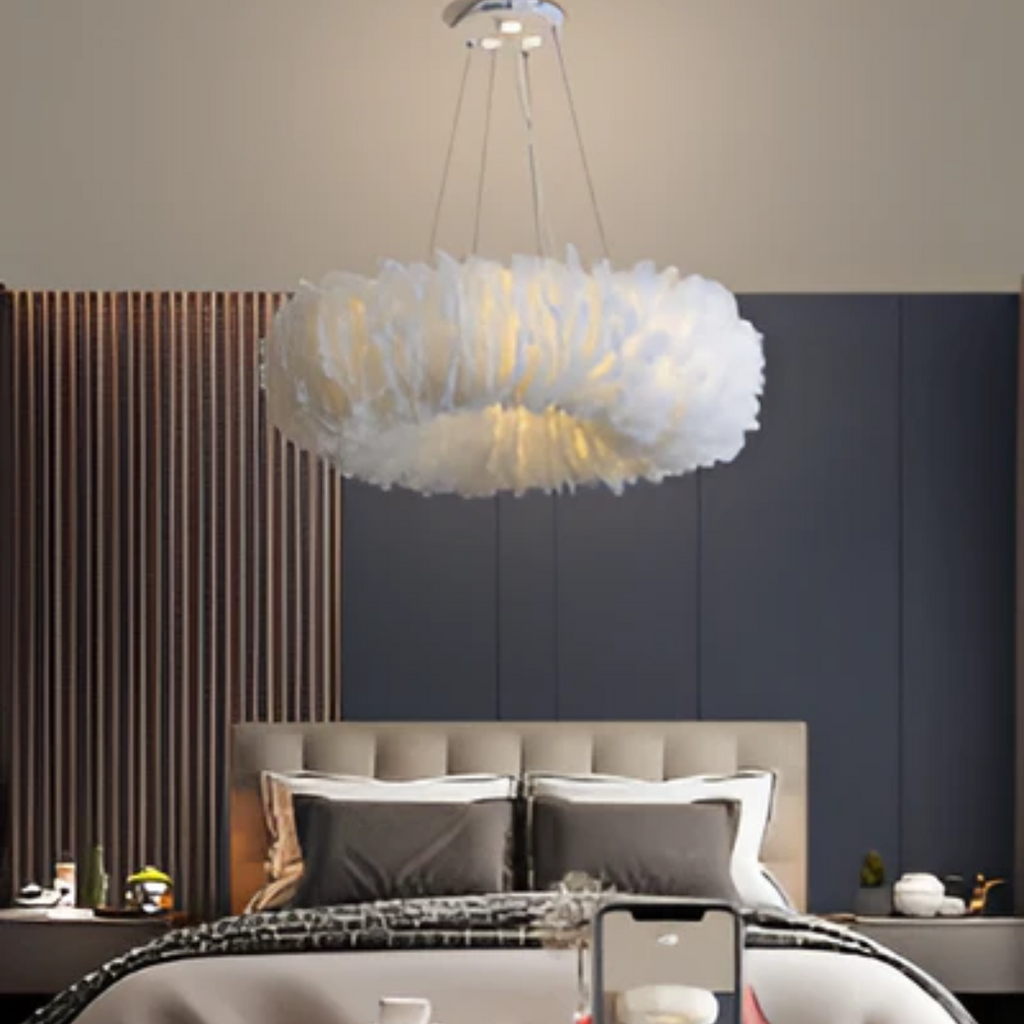 Aurelia White Circular Feathered Pendant Light With Diffused Glow