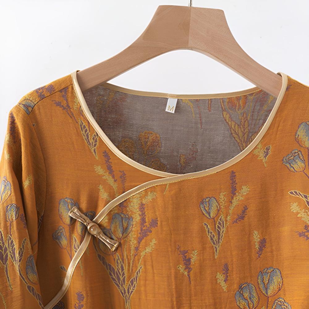 Blumennachthemd „Amber Dusk“ — leicht, mit Vintage-Tulpenmuster