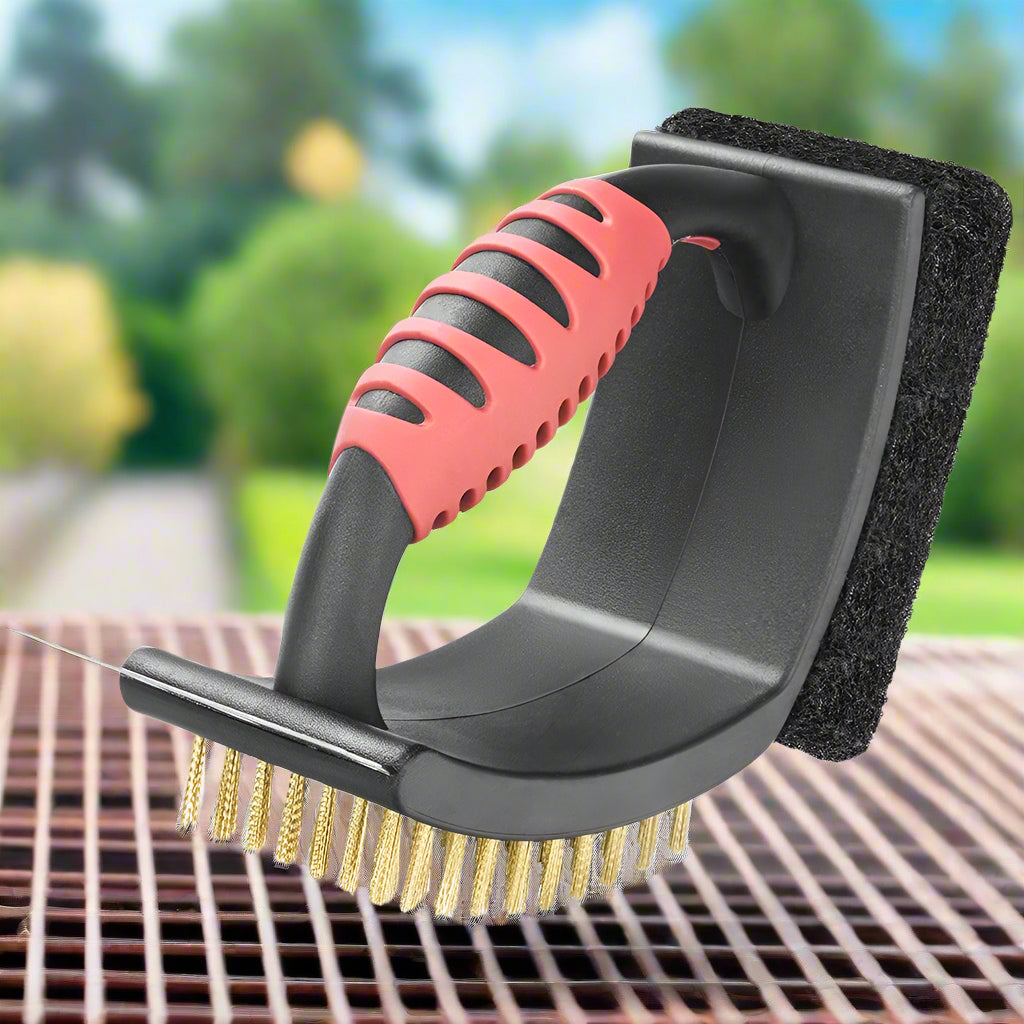 3 in 1 Grill Brush with Brass Bristles and Scraper | Filindra