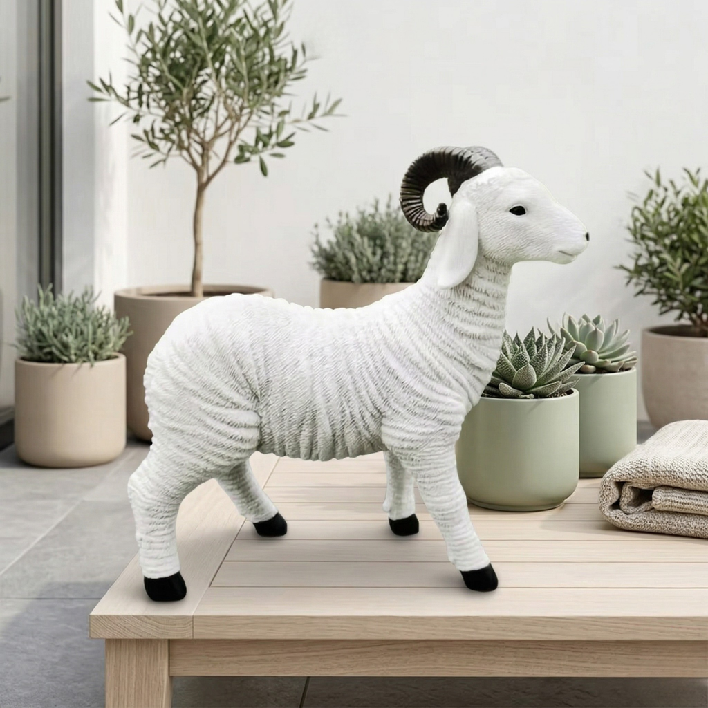 Figura decorativa mini de cordero de 4 pulgadas — Base blanca, finas marcas negras