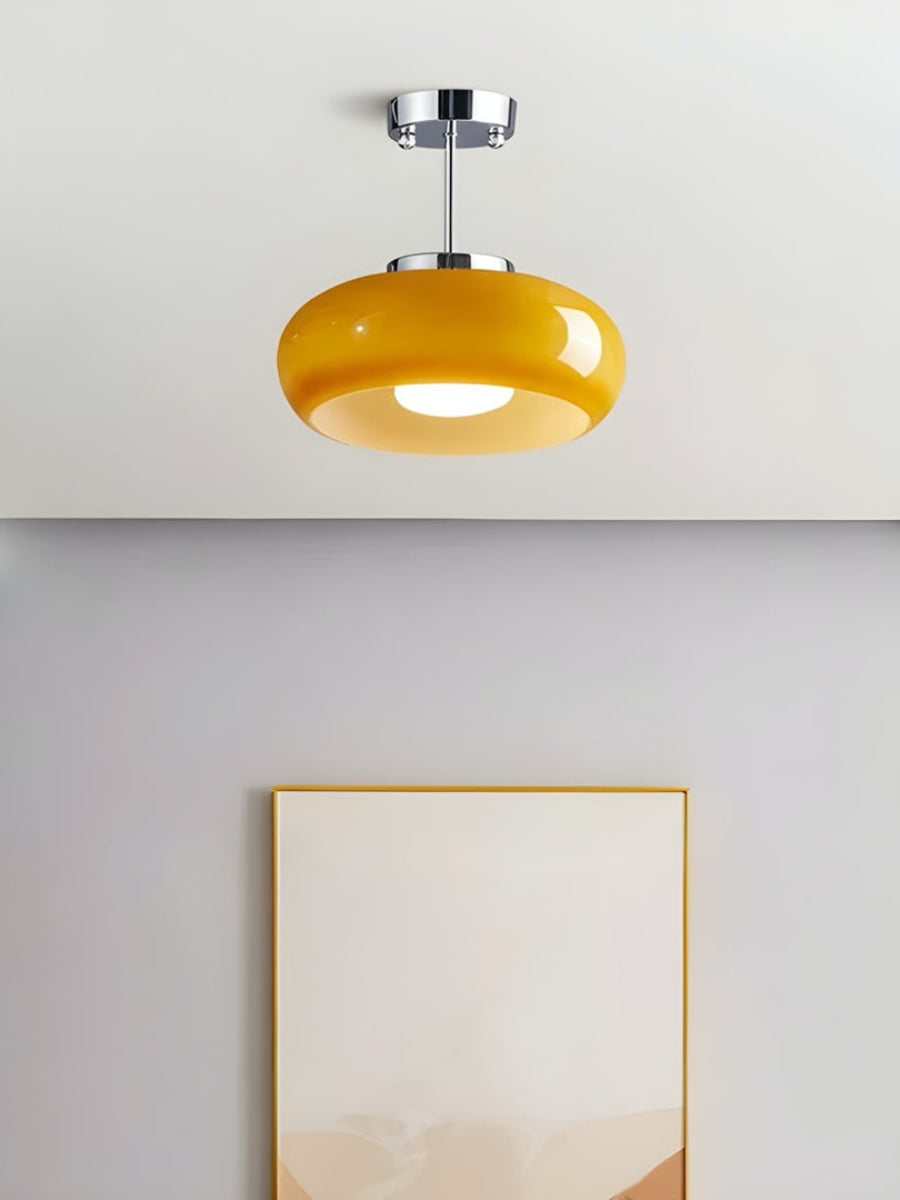 Bauhaus Circular Ceiling Light — Glass Disk Shade, Brass or Chrome Finish, Orange-Yellow or White Glass