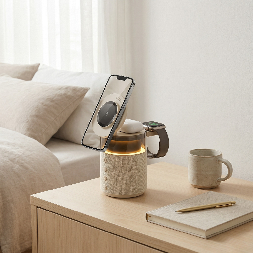 マグネット式ワイヤレス充電ステーション - iPhone、iWatch＆AirPodsハブ、スピーカーとLEDランプ一体型