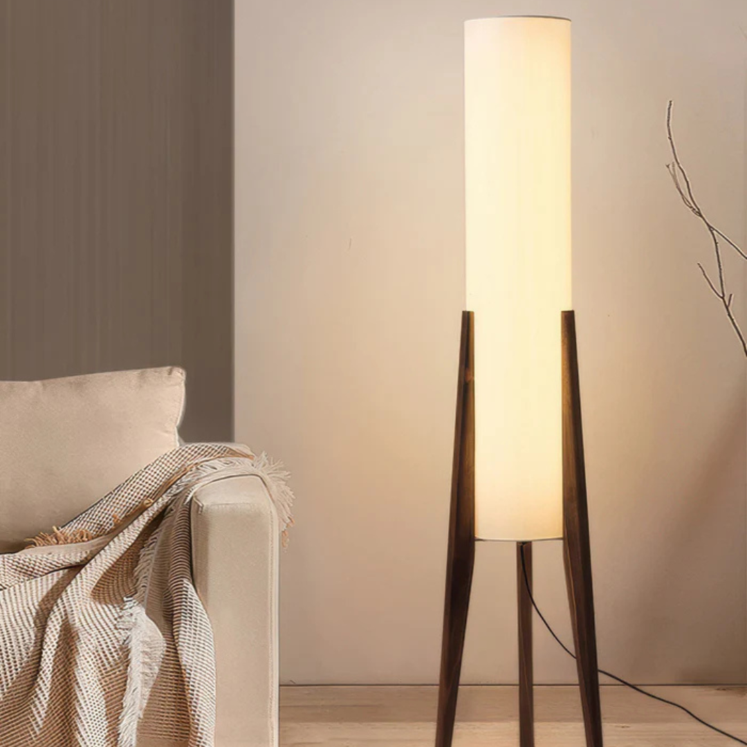 AuroraLume Fabric Shade Floor Lamp With Natural Wood For Living Room
