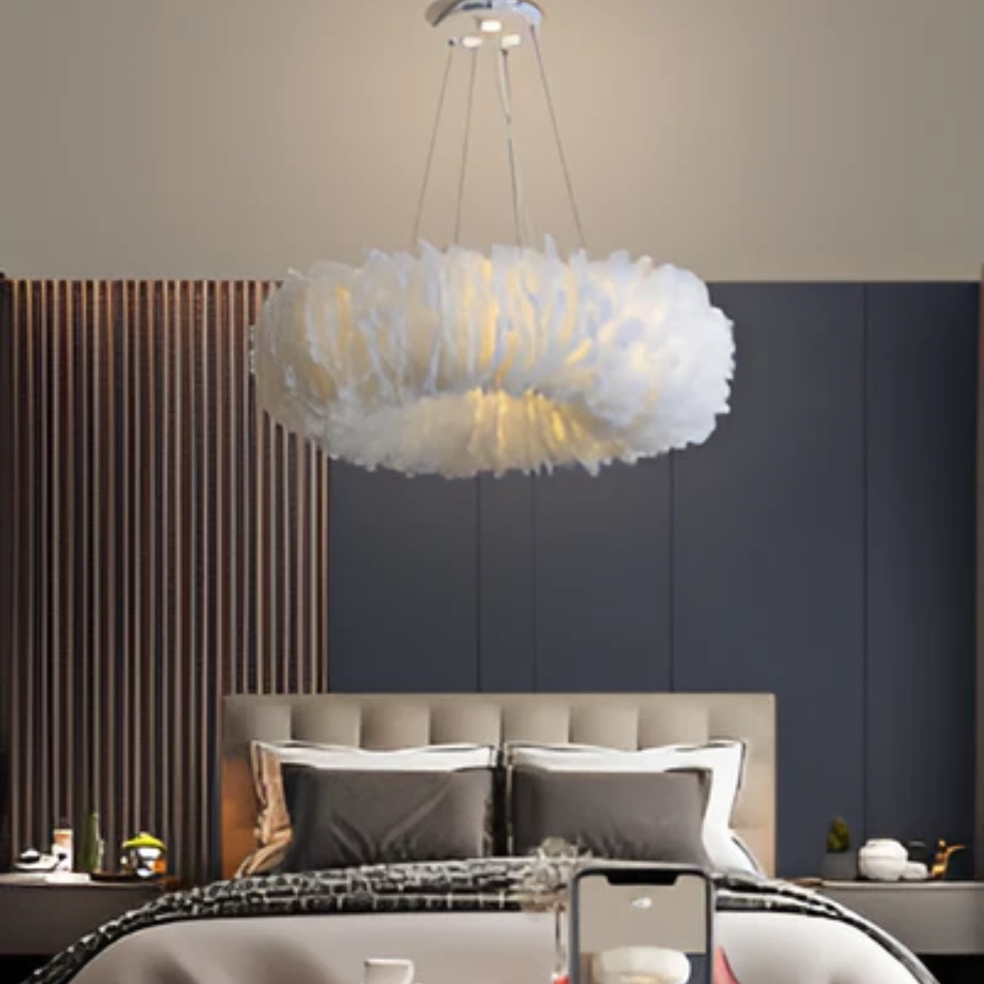 Cresora White Feathered Pendant Light With Circular Design For Elegant Rooms