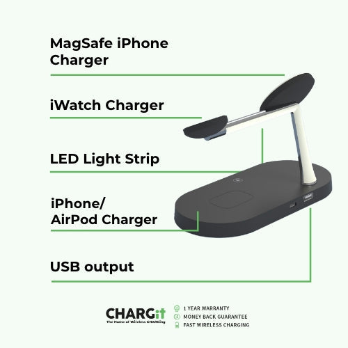 QuattroCharge 4-i-1 trådlös MagSafe-laddare — laddningsstation för iPhone, Apple Watch och hörlurar