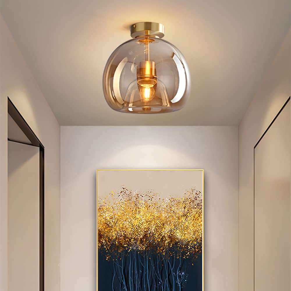 Loftlampe i kobber og glas — klassisk stil, halvt planmonteret