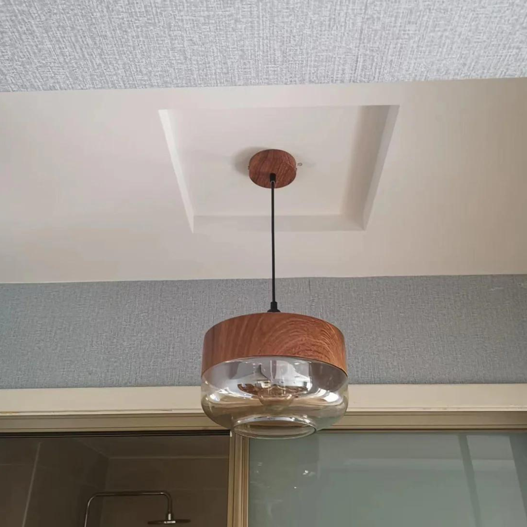 Harlow Light Pendant With Tint Glass And Nordic Wood In Minimal Scandinavian Style