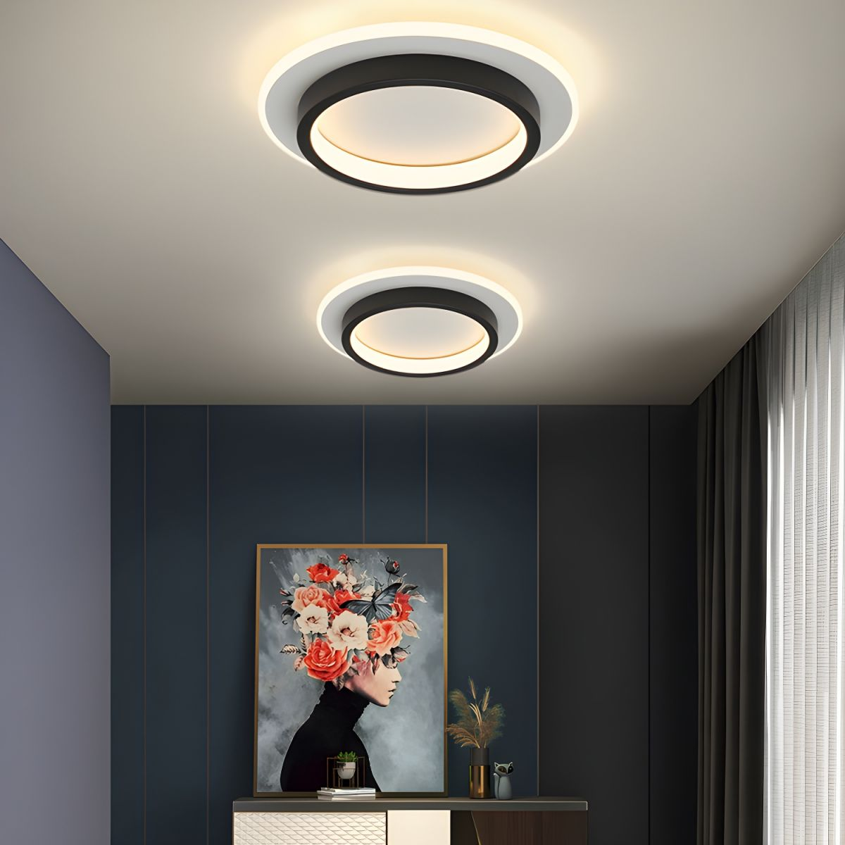 ラウンドLEDシーリングライト — 発光ハローリングアクセント、メタル＆アクリルハウジング、薄型フラッシュマウント