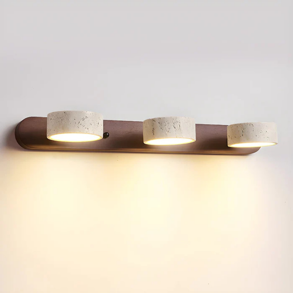 Havencrest Travertine Wall Light Featuring Warm Wood Elements Ambient Glow
