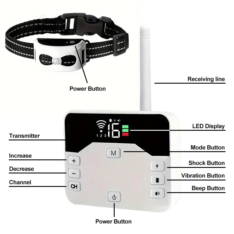 Sistema sem fios de vedação para cães e coleira de treino exterior de modo duplo