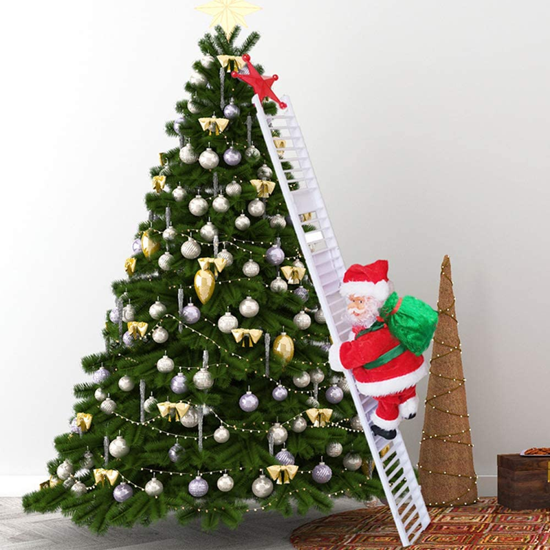 Animovaný elektrický Santa Claus šplhající po žebříku s vánoční hudbou