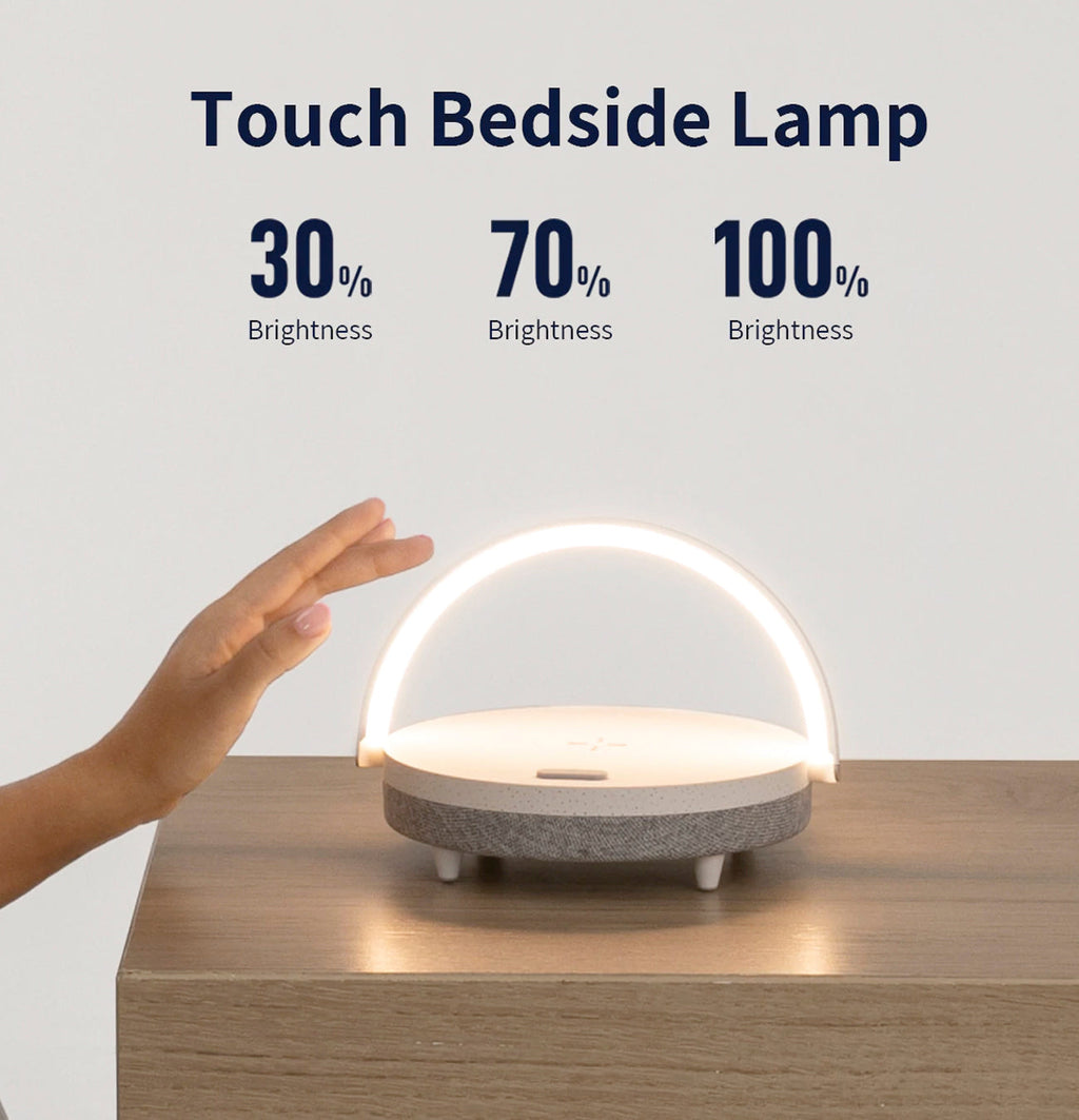 4-in-1 Bedside Lamp — Dimmable Light, Wireless Charging & Speaker