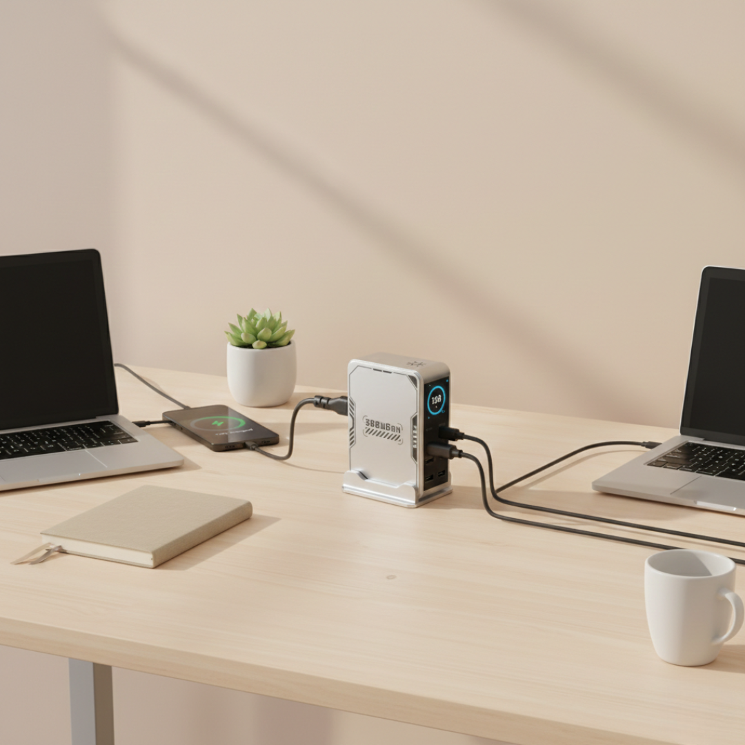 מטען PowerHub 300W GaN — תצורה של שש יציאות, 4 יציאות USB-C ו-2 יציאות USB-A