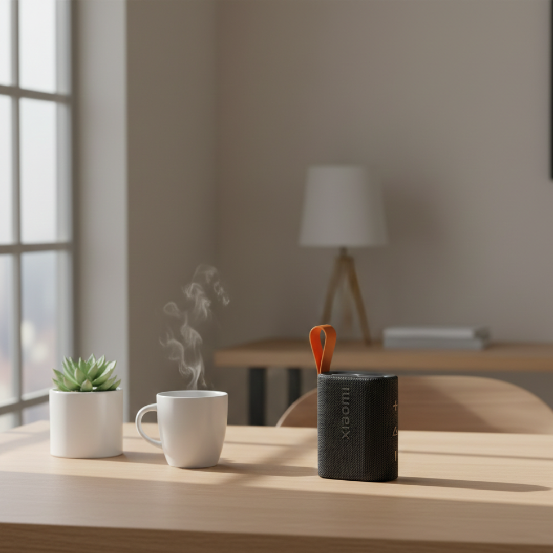 Altavoz Bluetooth Xiaomi Sound Pocket — Clasificación IP67, carcasa del tamaño de la palma de la mano, acabado negro mate y detalles naranjas