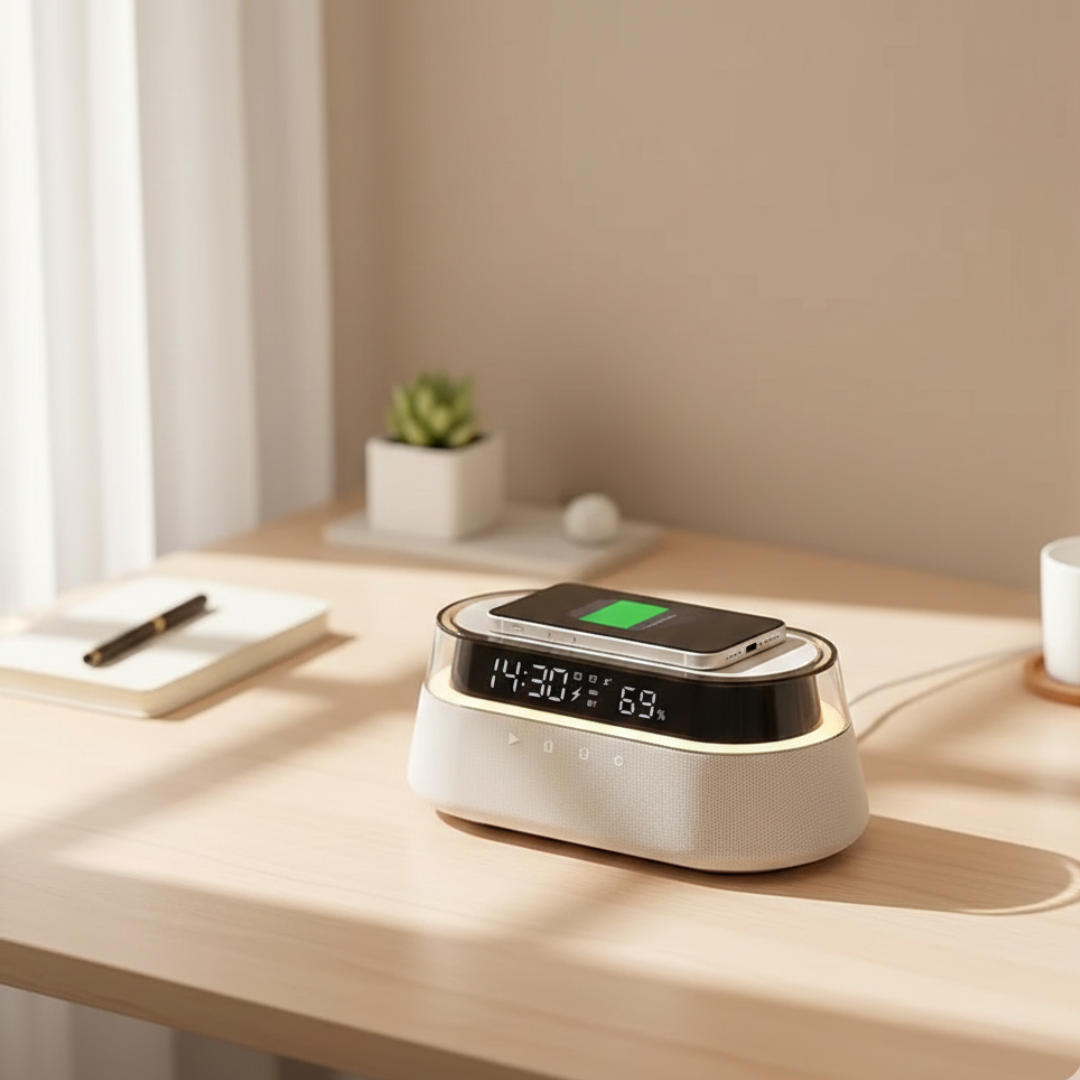 Smart Alarm Clock & Bluetooth Speaker — Multifunction Bedside Hub, Space-Saving Design