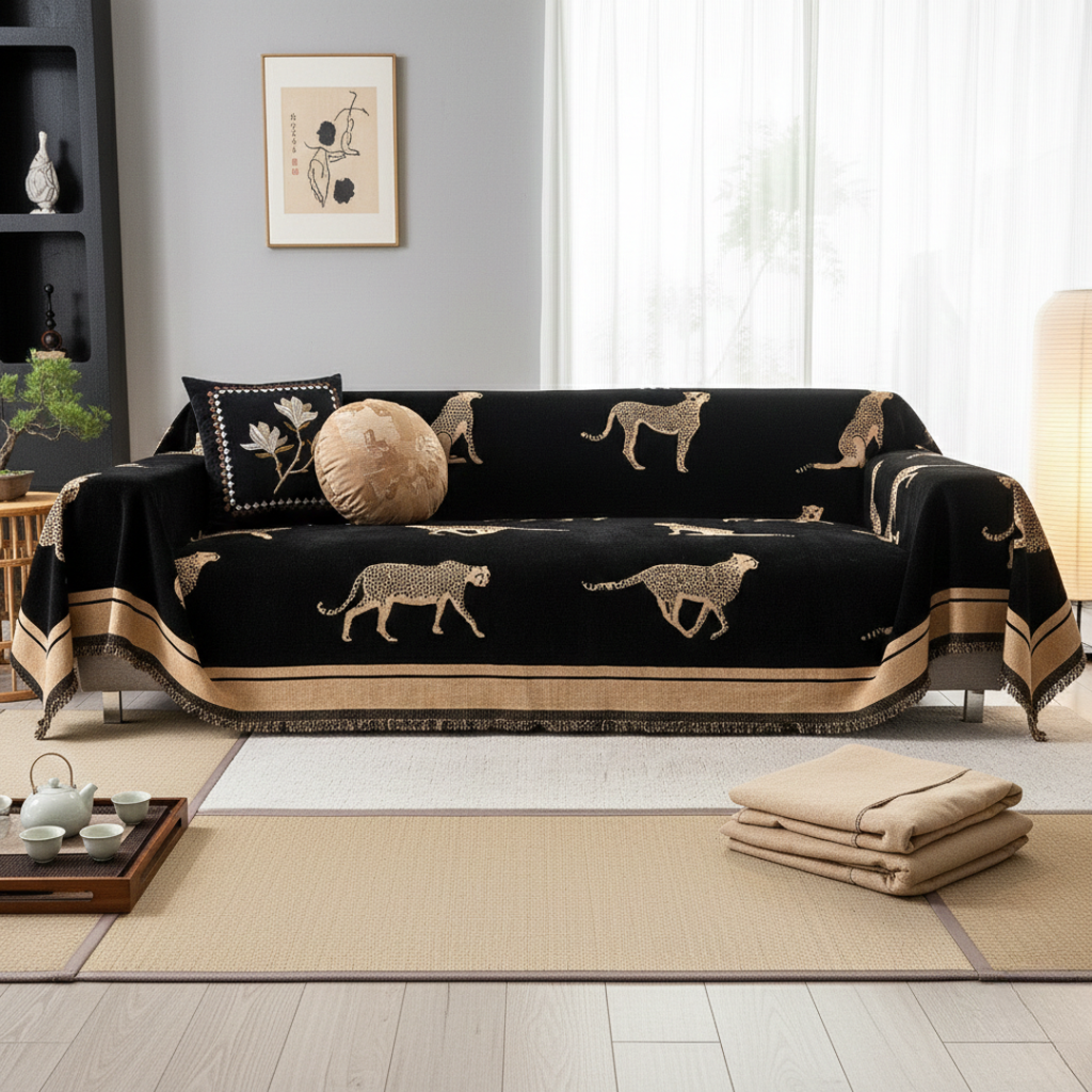 Zelený potah na pohovku s gepardím vzorem — design inspirovaný safari